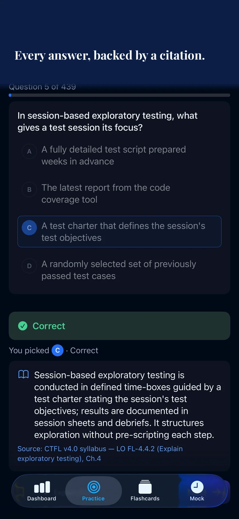 Practice question answer screen with a syllabus citation